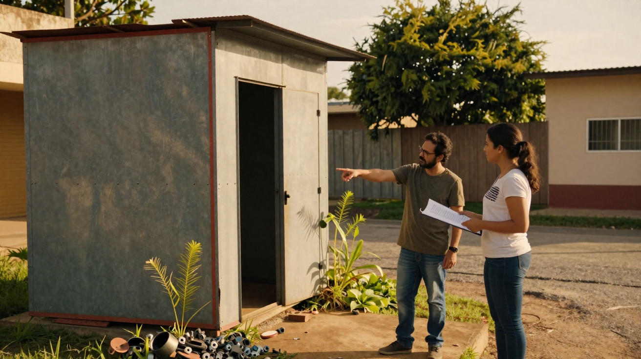 Two people inspecting a small metal shed outdoors near scattered pipes and plants in a residential area.