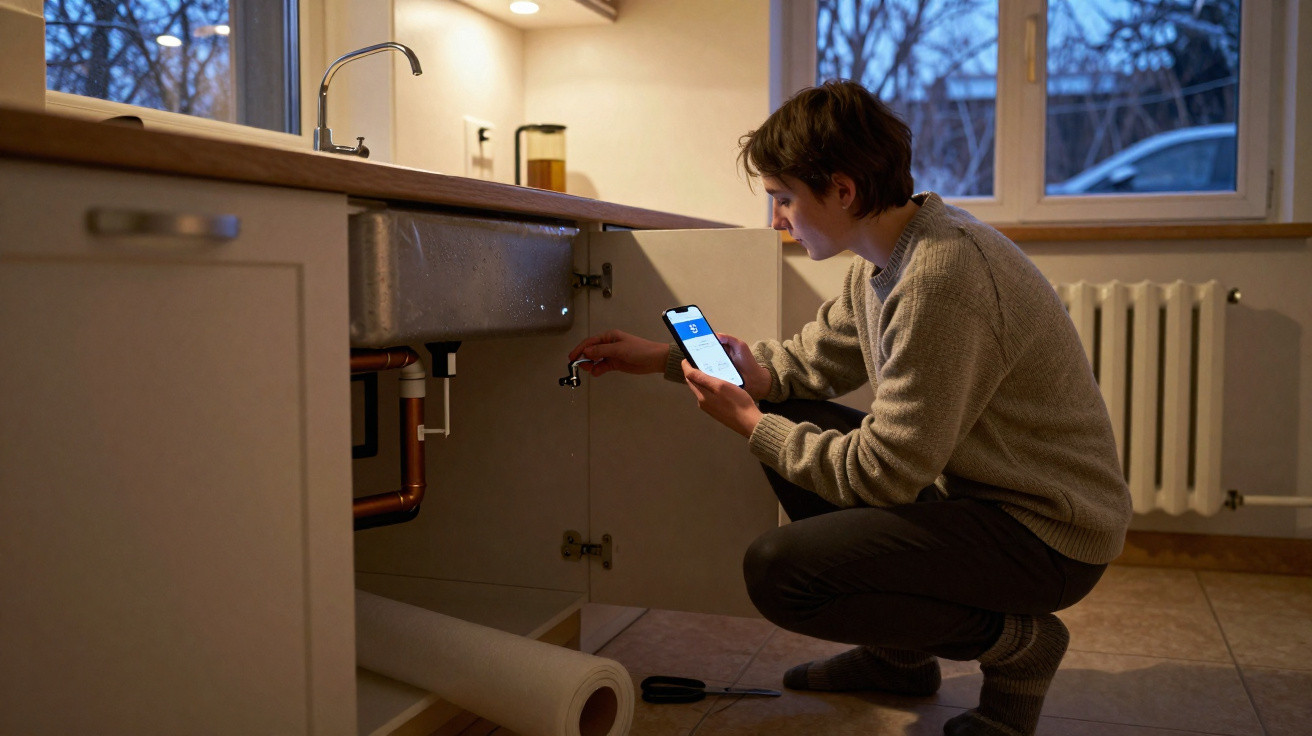 Person checking under kitchen sink while holding smartphone in a dimly lit room at dusk.