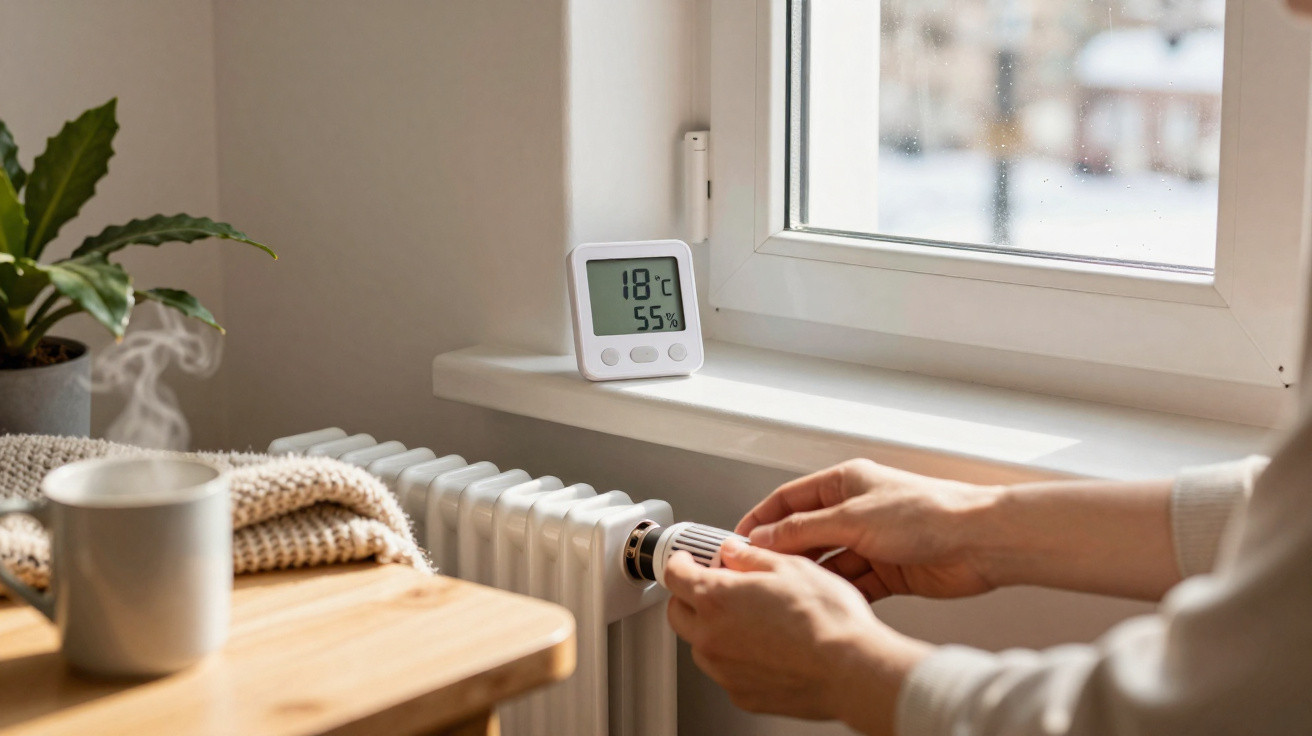 Hands adjusting a radiator thermostat near a window with a digital thermometer showing 18°C and 55% humidity