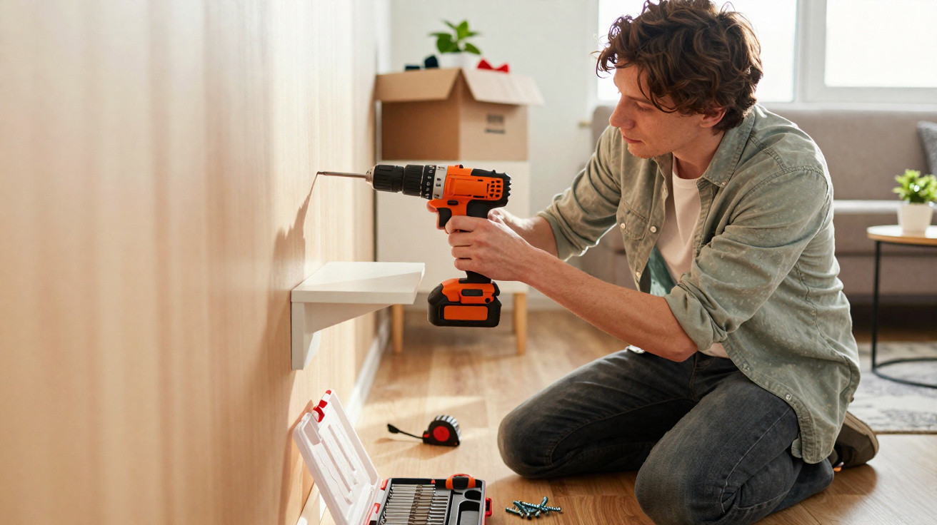 Man kneeling on wooden floor using an electric drill to fix a wall shelf in a bright living room.