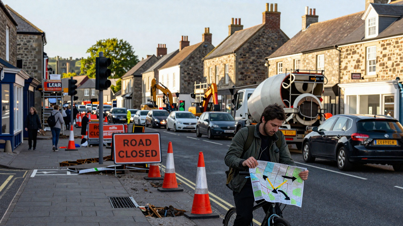 Man on bike looking at map near roadworks with traffic and stone houses in background on a sunny day