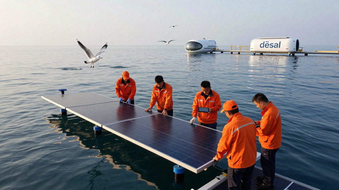 Five workers in orange jackets inspecting floating solar panels on calm water with seagulls and desalination pods nearby.