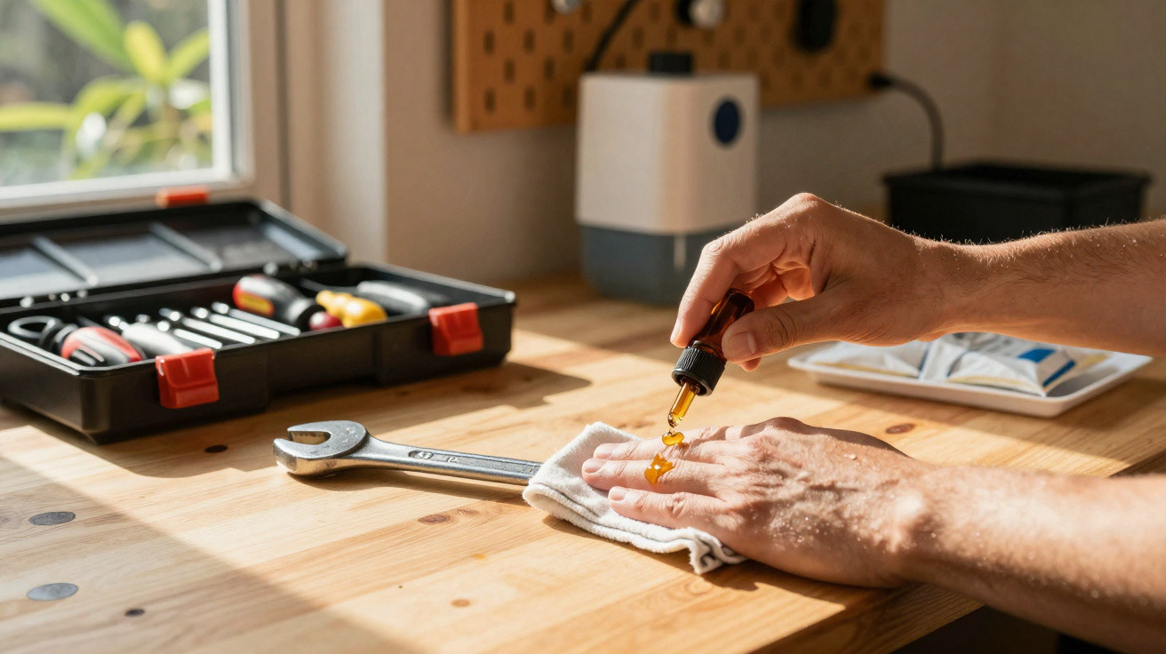 Person applying oil from a dropper onto a cloth beside a wrench and a tool kit on a wooden bench.