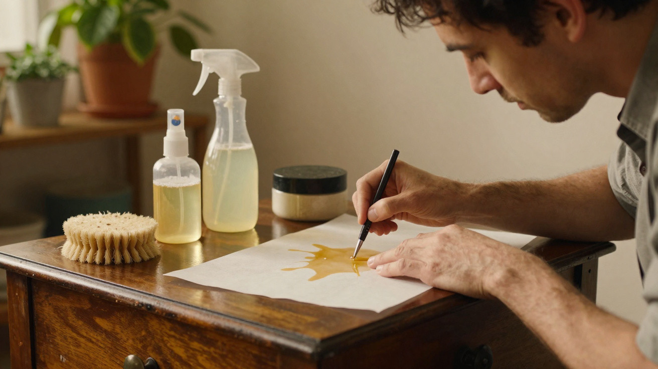 Man applying yellow varnish on paper using a brush on a wooden desk with cleaning supplies nearby
