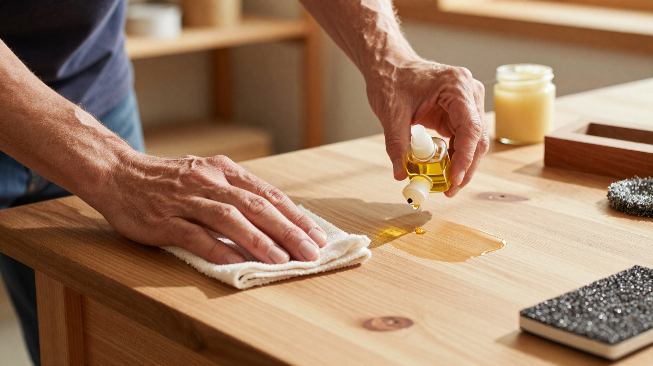Person applying wood oil from a small bottle onto a wooden table using a white cloth.