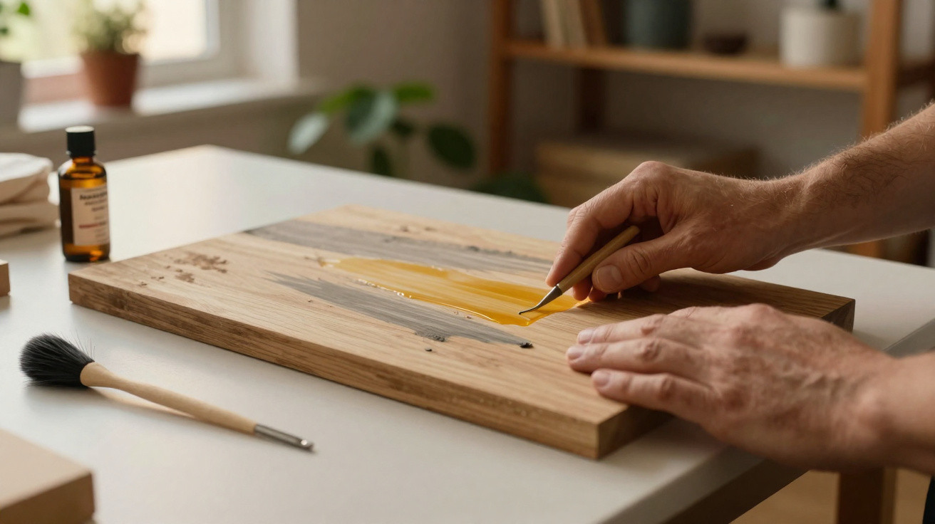 Hands applying resin with a small tool onto a wooden board on a white table with a brush nearby.