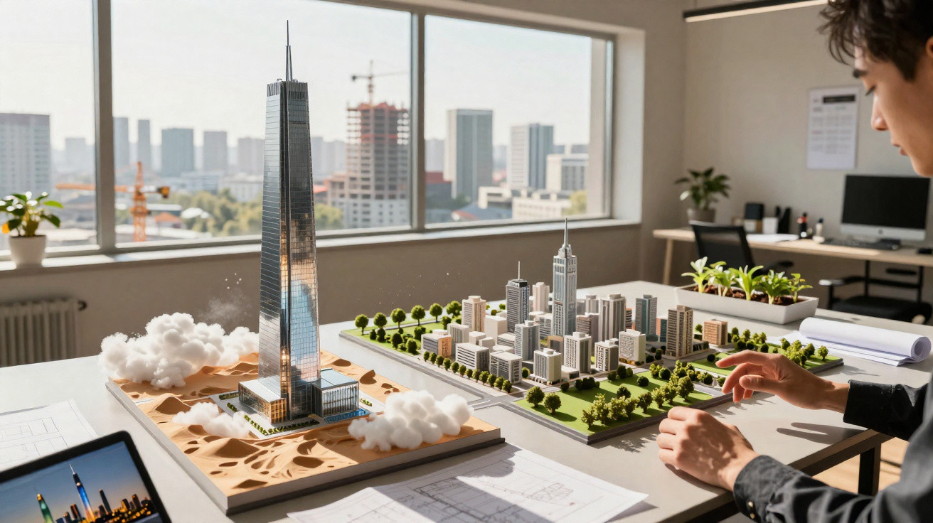 Architect examining detailed architectural models of skyscrapers and cityscape layout on a desk in bright office.