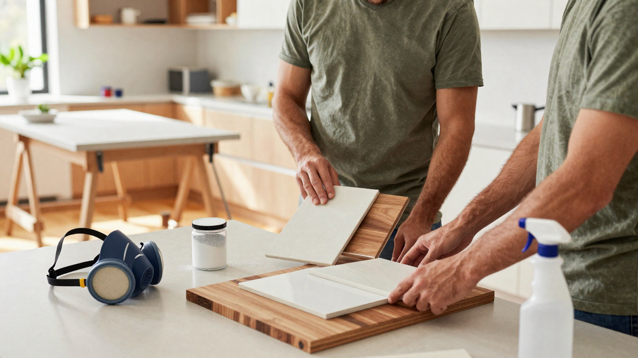 Two people examining ceramic tiles on a wooden board in a bright kitchen workspace.