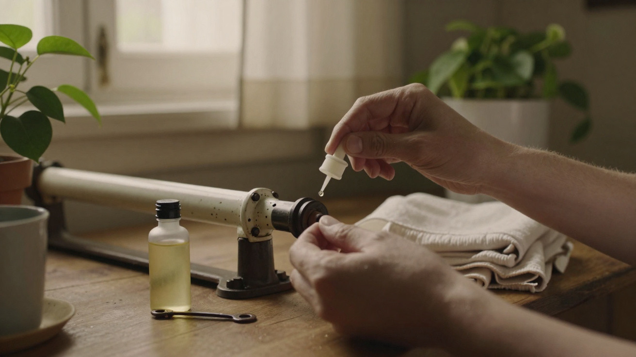 Hands holding a dropper applying essential oil near a vintage pipe on a wooden table with plants and cloth.