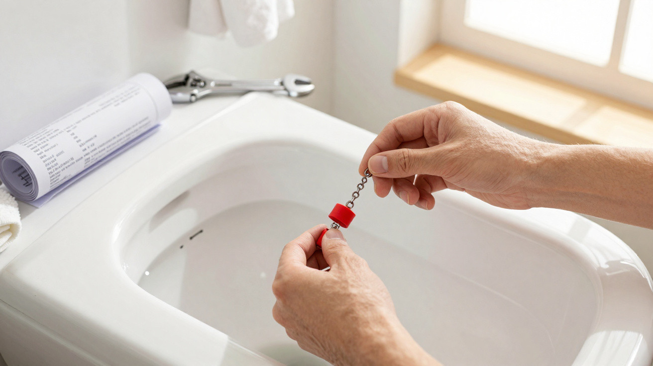 Person holding a red bath plug above a white bathtub near a folded receipt and wrench.