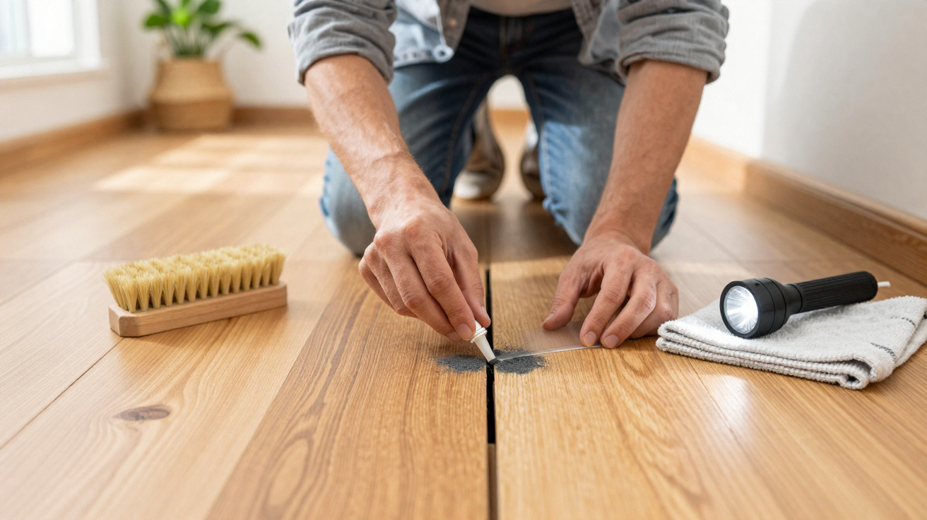 Person repairing a gap in a wooden floor with filler, next to a brush, flashlight, and cloth.