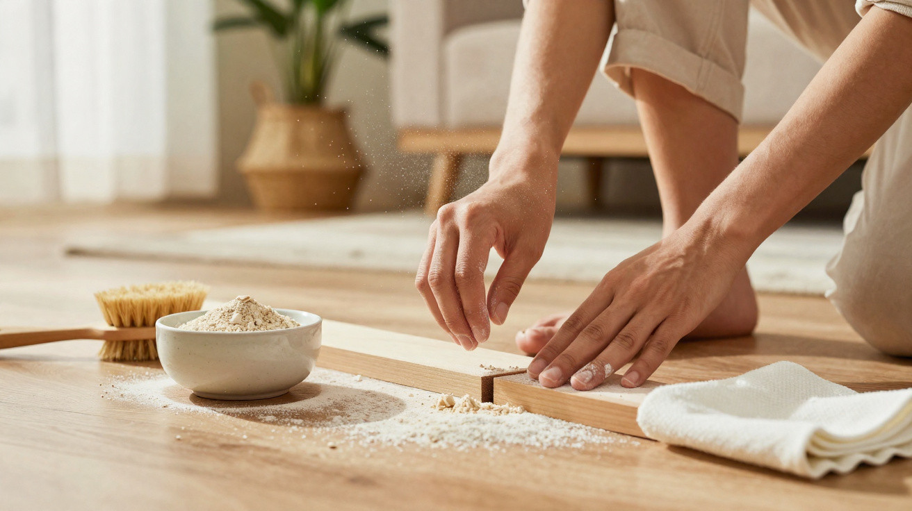 Person assembling wooden furniture on the floor with wood glue and cloth nearby in a bright room.