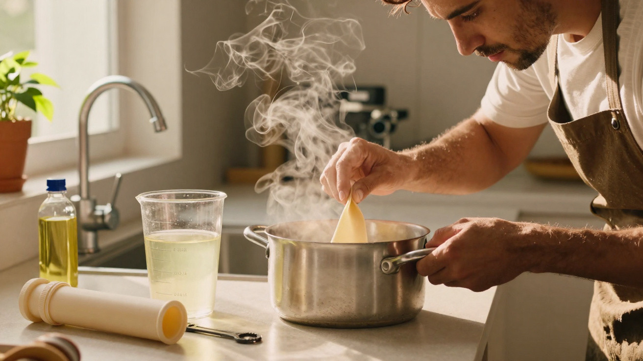 Man cooking in a kitchen, stirring a steaming pot on a countertop near a window and kitchen sink.