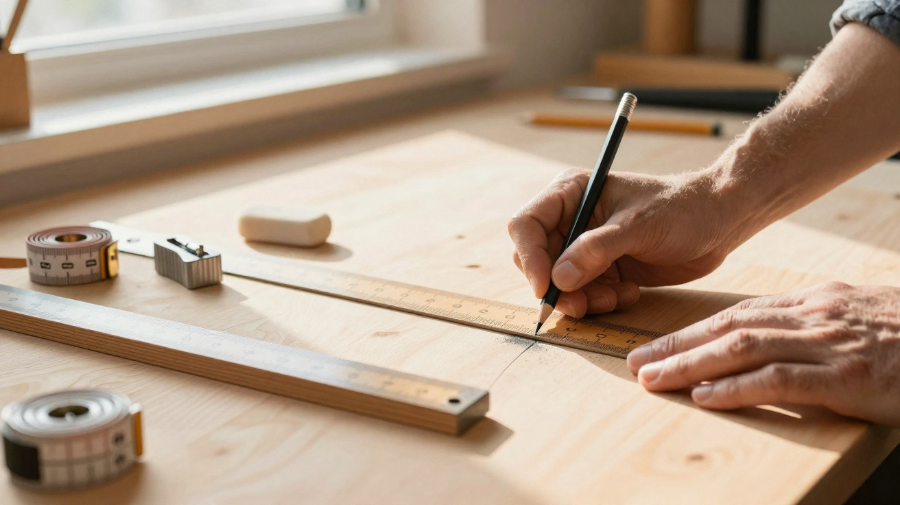 Hand drawing precise measurements on wood with a pencil, ruler, tape measure, and sharpener on table.