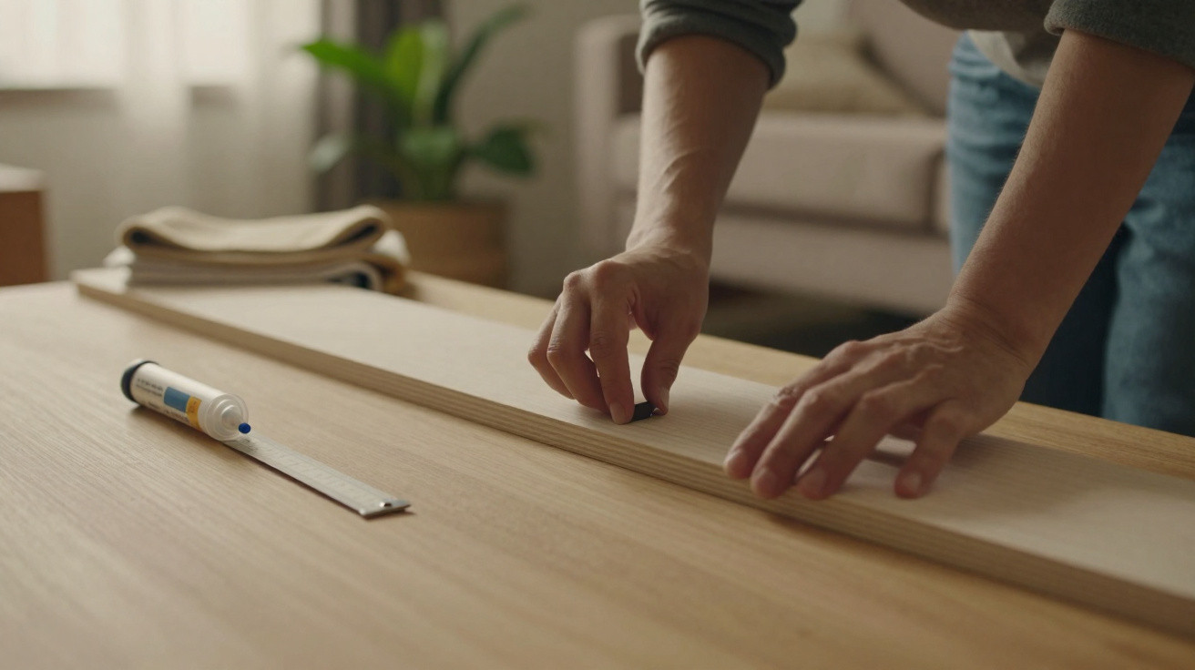Hands assembling wooden furniture on a table with a glue stick and measuring tape nearby in a living room.