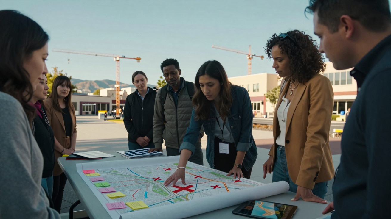 A diverse group of people gathered around a table outdoors, studying a large map with marked locations.