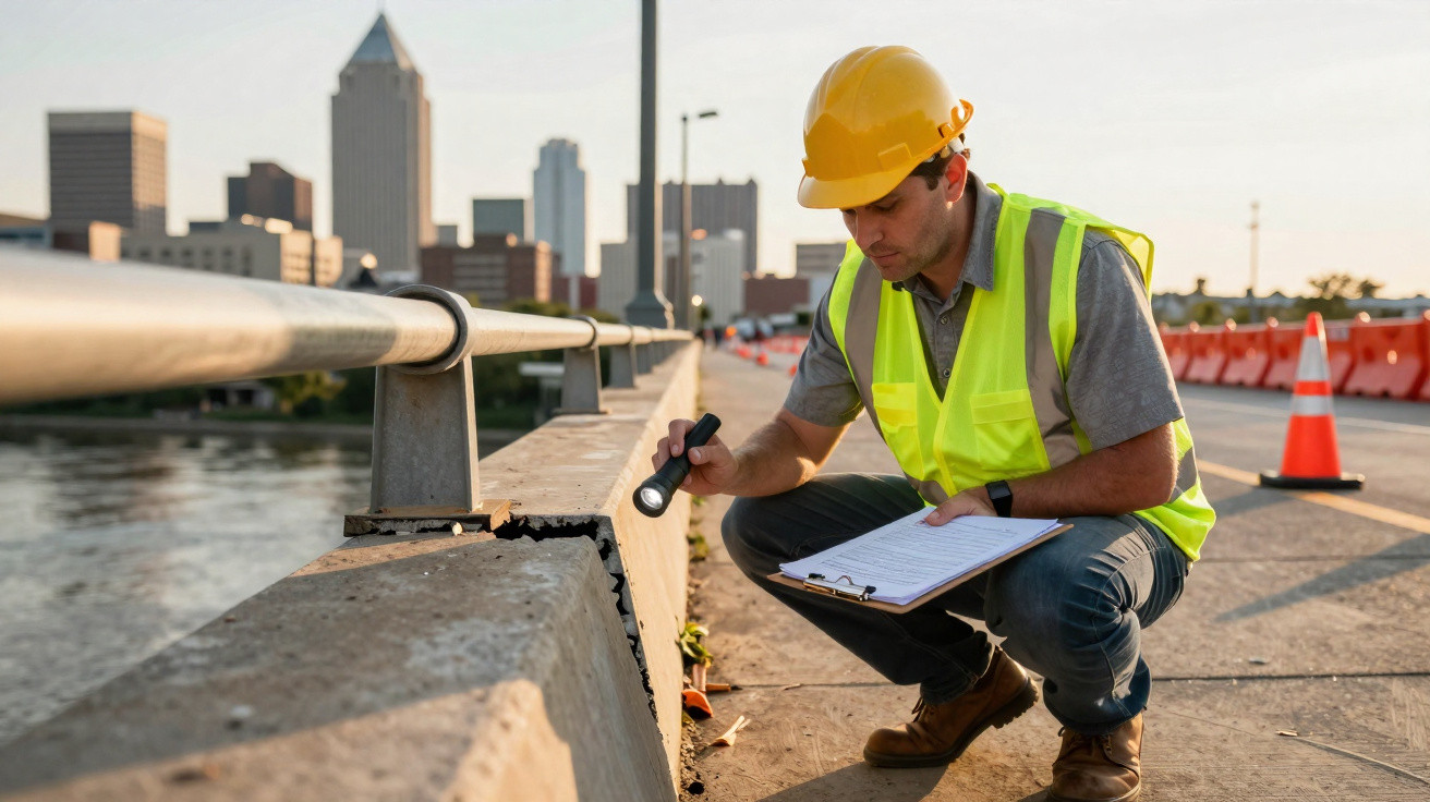 Construction worker in a hard hat inspecting a cracked concrete barrier on a city bridge with a flashlight and clipboard.