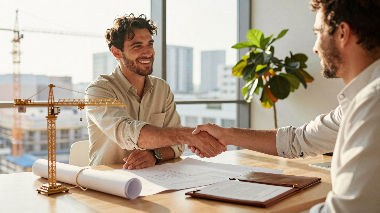 Two men in shirts shaking hands over architectural plans and documents in an office with a city view.