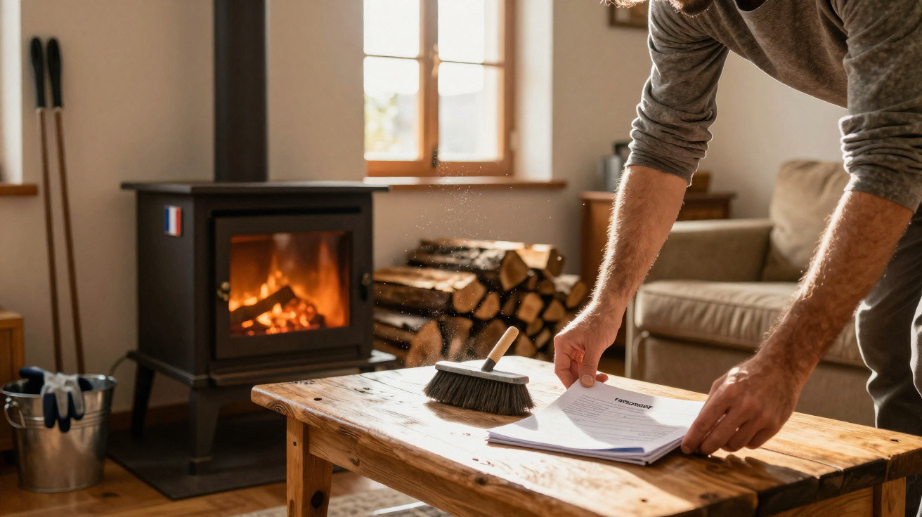 Person arranging papers on a wooden table near a lit wood-burning stove and stacked firewood in a cosy room.