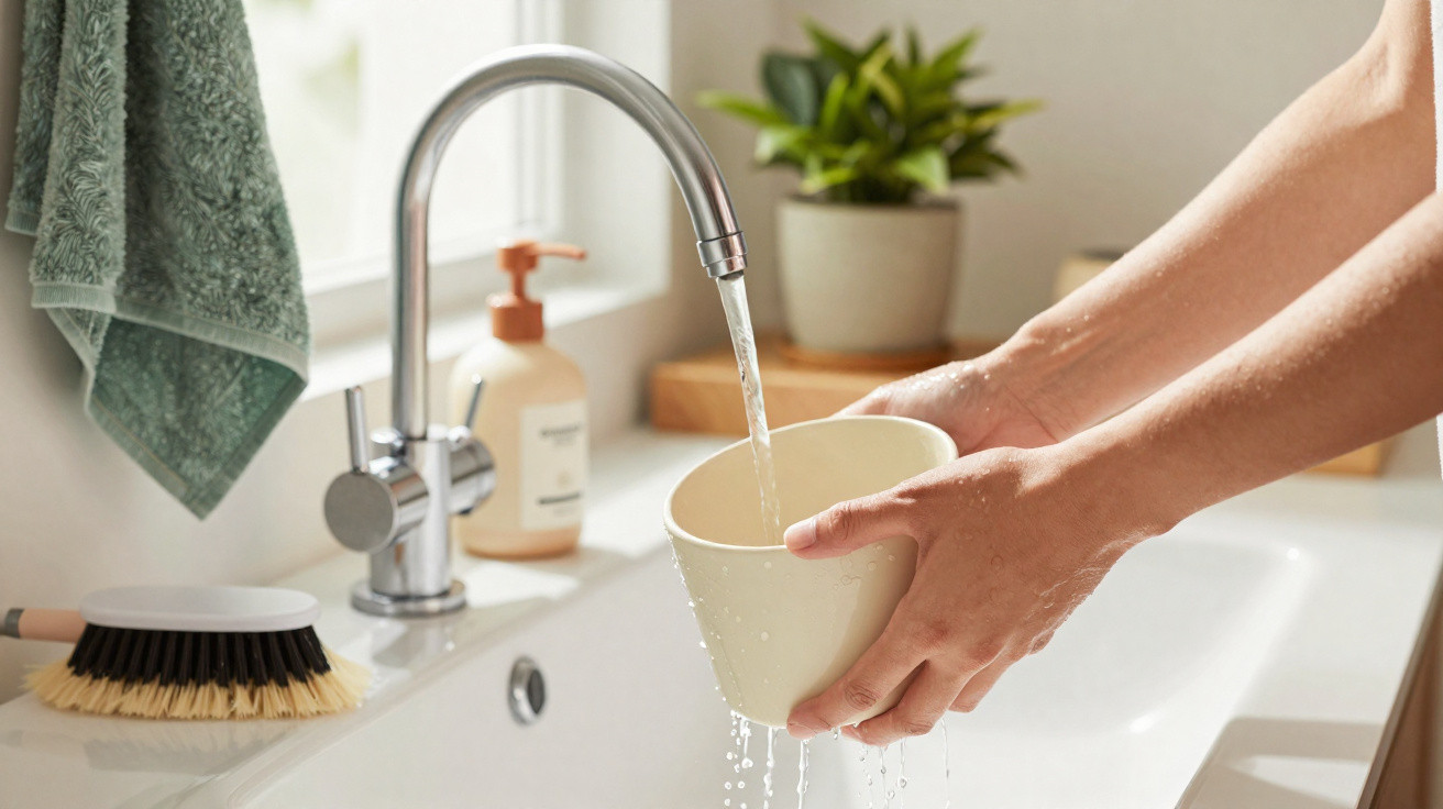 Hands rinsing a beige cup under running tap water over a kitchen sink with a green towel and plant in the background.