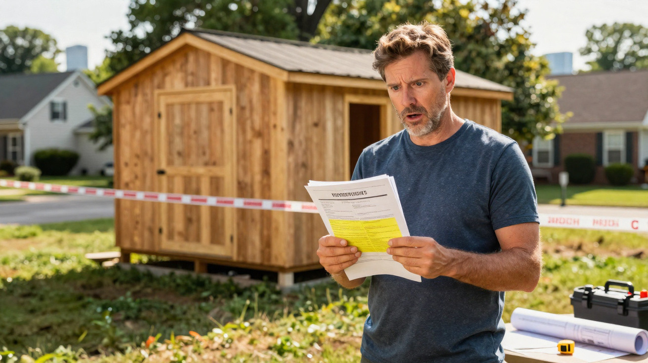 Man reading a highlighted notice with a wooden shed and caution tape in the background in a residential area.