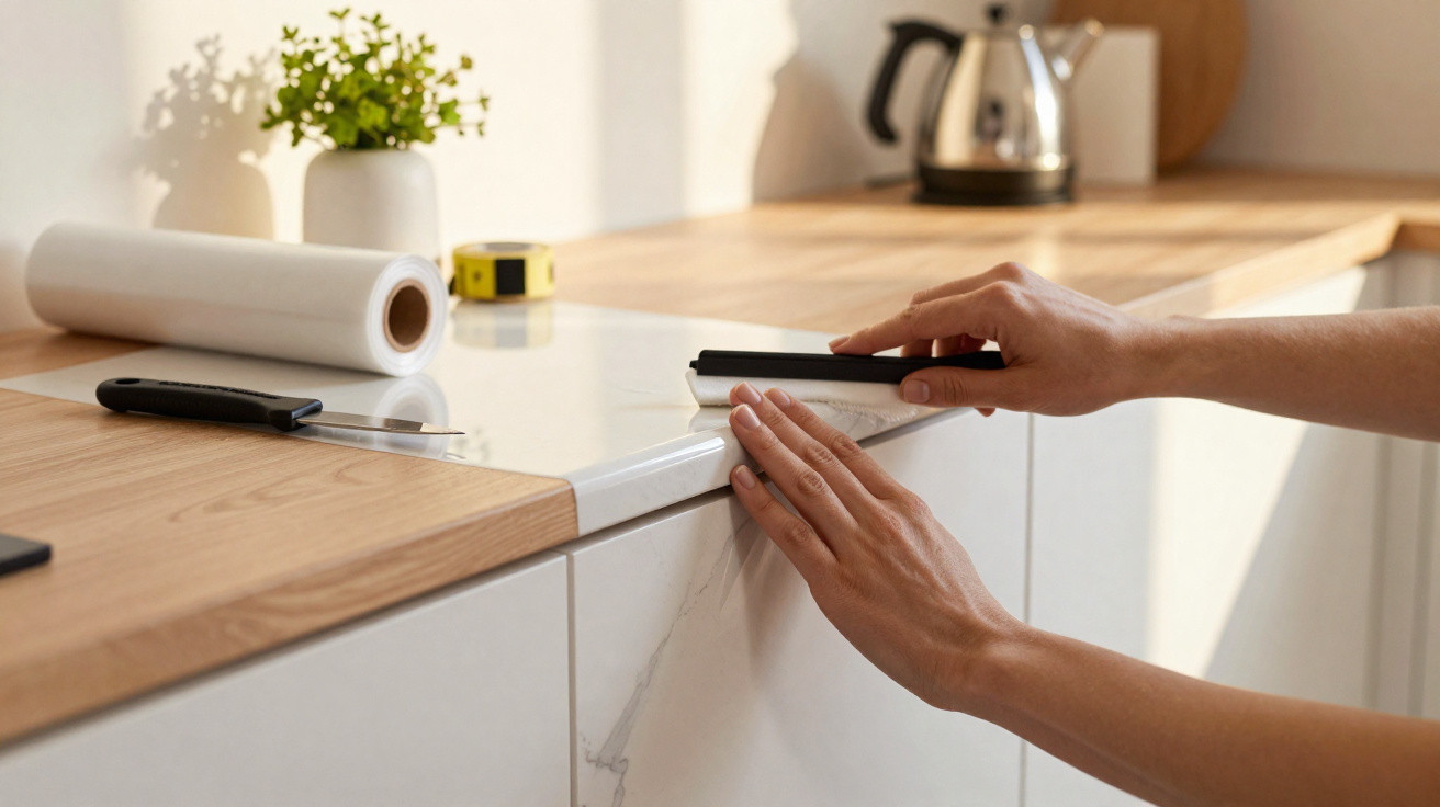 Person applying white adhesive edge tape to a kitchen countertop with tools and plant in background.