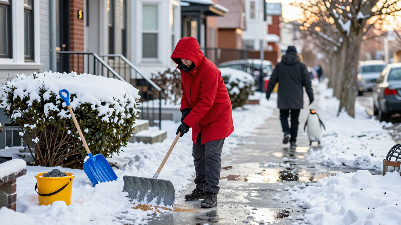 Person in red coat shovelling snow on a sidewalk in a residential neighbourhood with a toy penguin on the pavement.