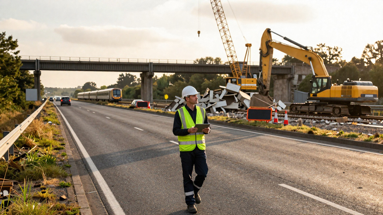 Construction worker in high-visibility vest and hard hat walking on empty road near excavator and train bridge.