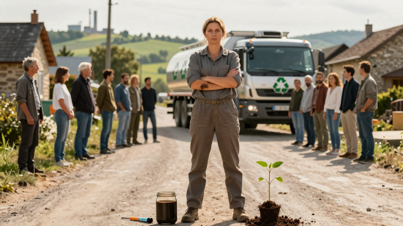 Woman in workwear stands with arms crossed on a village road beside a plant and jar, people and recycling truck behind.