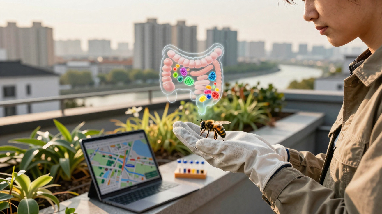 Person wearing gloves holding a bee with a digital illustration of the gut microbiome and a laptop on a balcony.