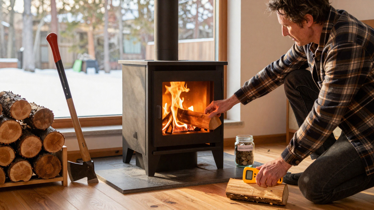 Man adding firewood to a burning stove in a cozy room with an axe and stacked logs nearby.