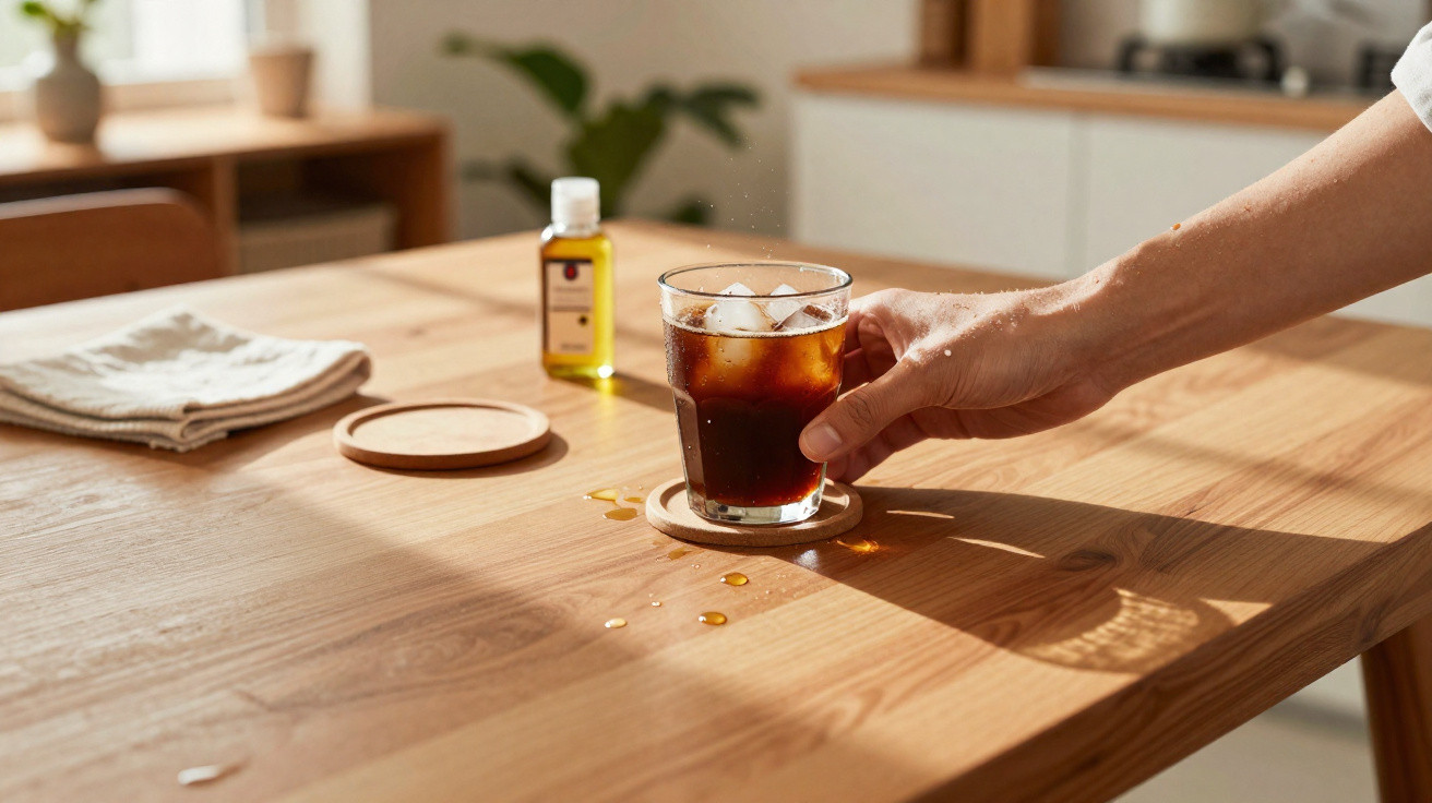 Hand placing a glass of iced dark drink on a wooden table with spilled liquid and bottle in background.