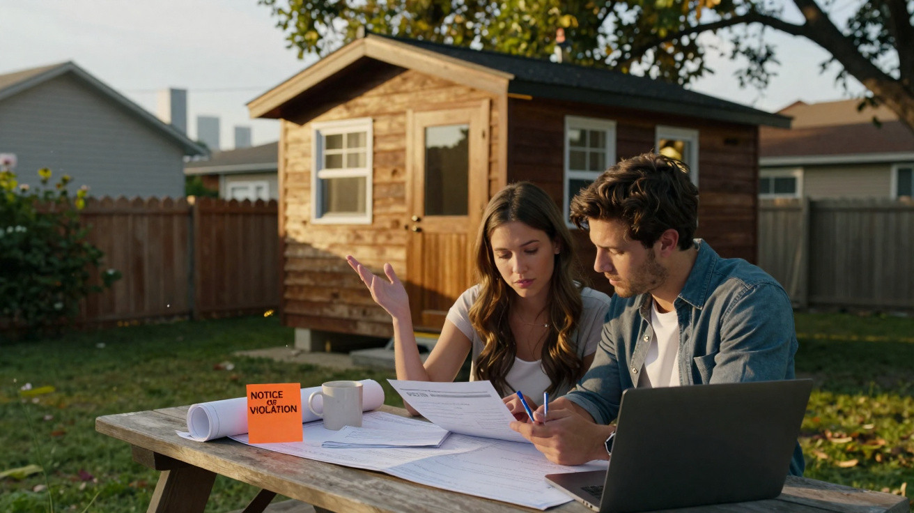Couple reviewing documents at a picnic table with a foreclosure notice and laptop outside a wooden shed.