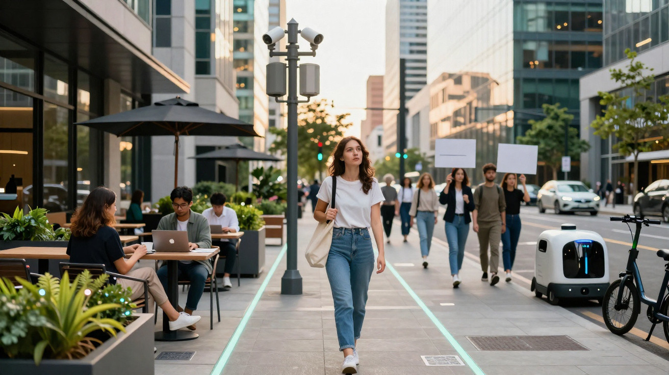 Young woman walking on city sidewalk near outdoor café and group of people with blank protest signs.