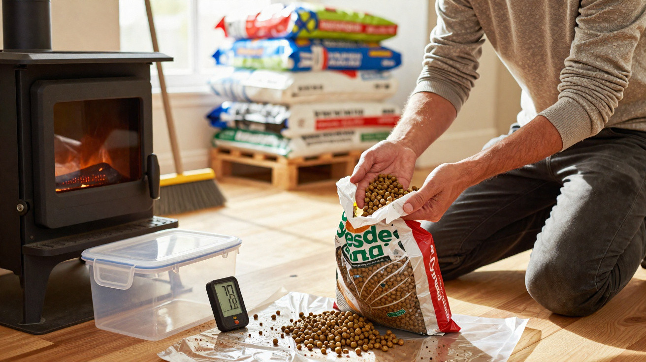 Person kneeling and pouring pellets from a bag near a lit wood stove in a bright room.