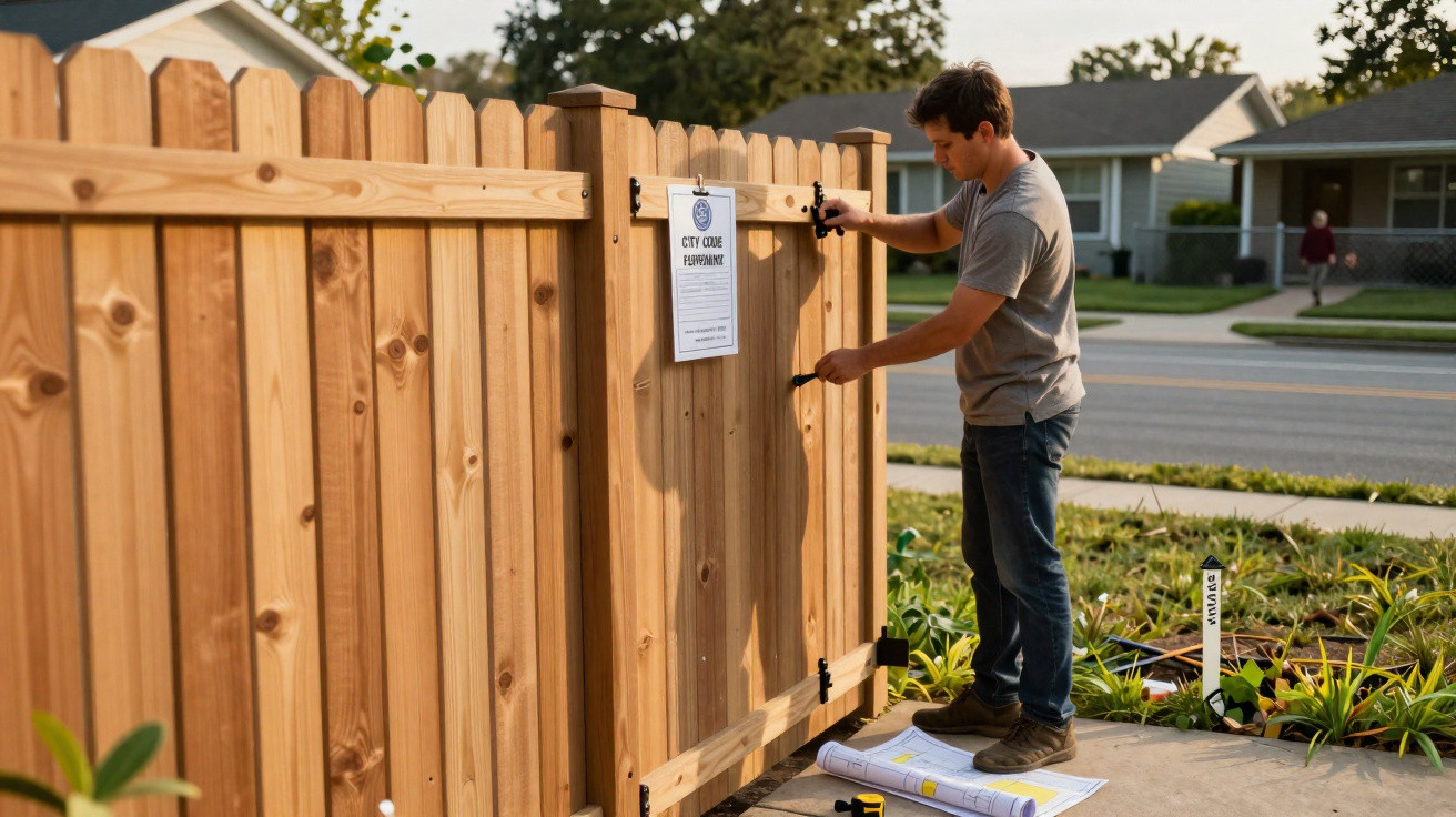 Man installing a wooden fence gate with a city code permit attached in a suburban neighbourhood.
