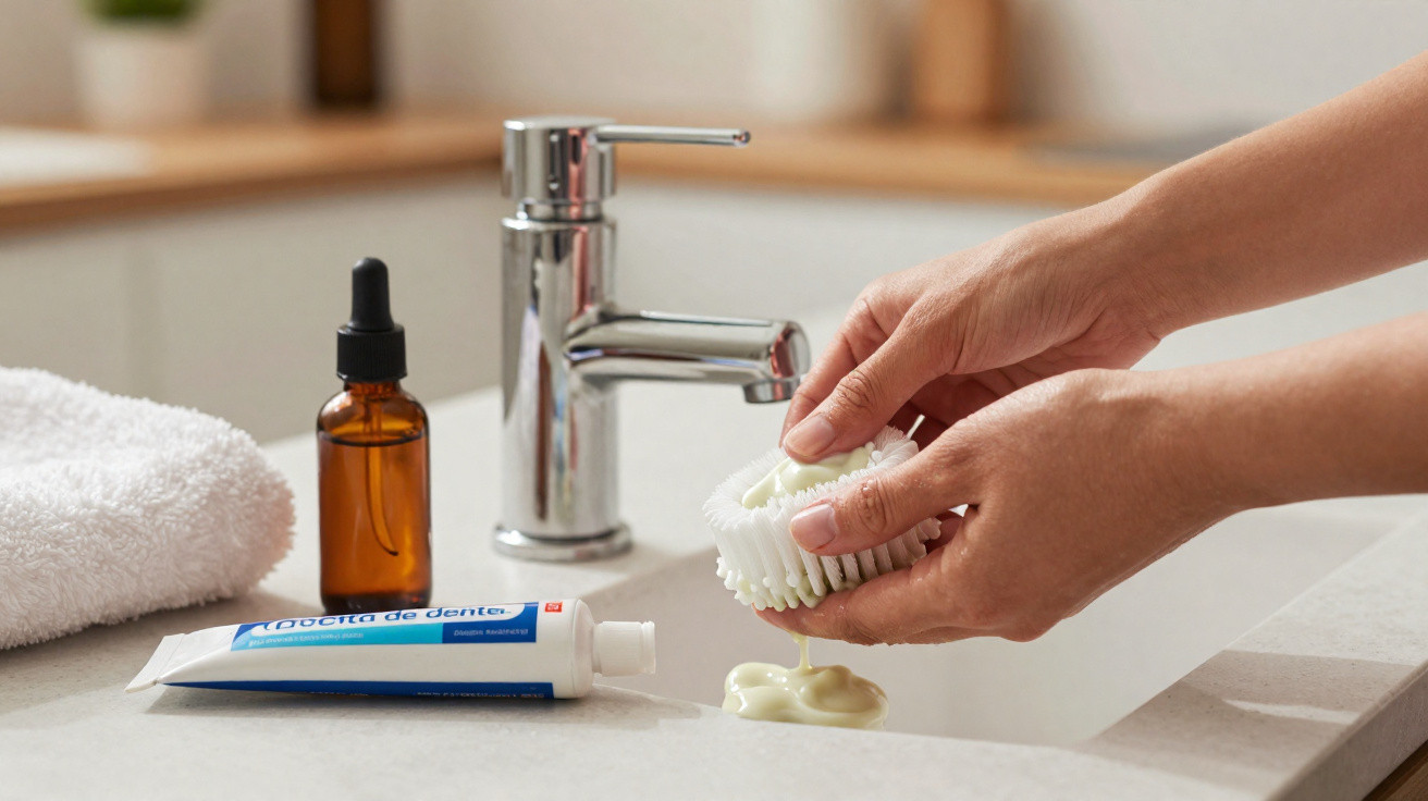 Hands squeezing cream from a white facial cleanser brush over a bathroom sink with a towel and toothpaste nearby.
