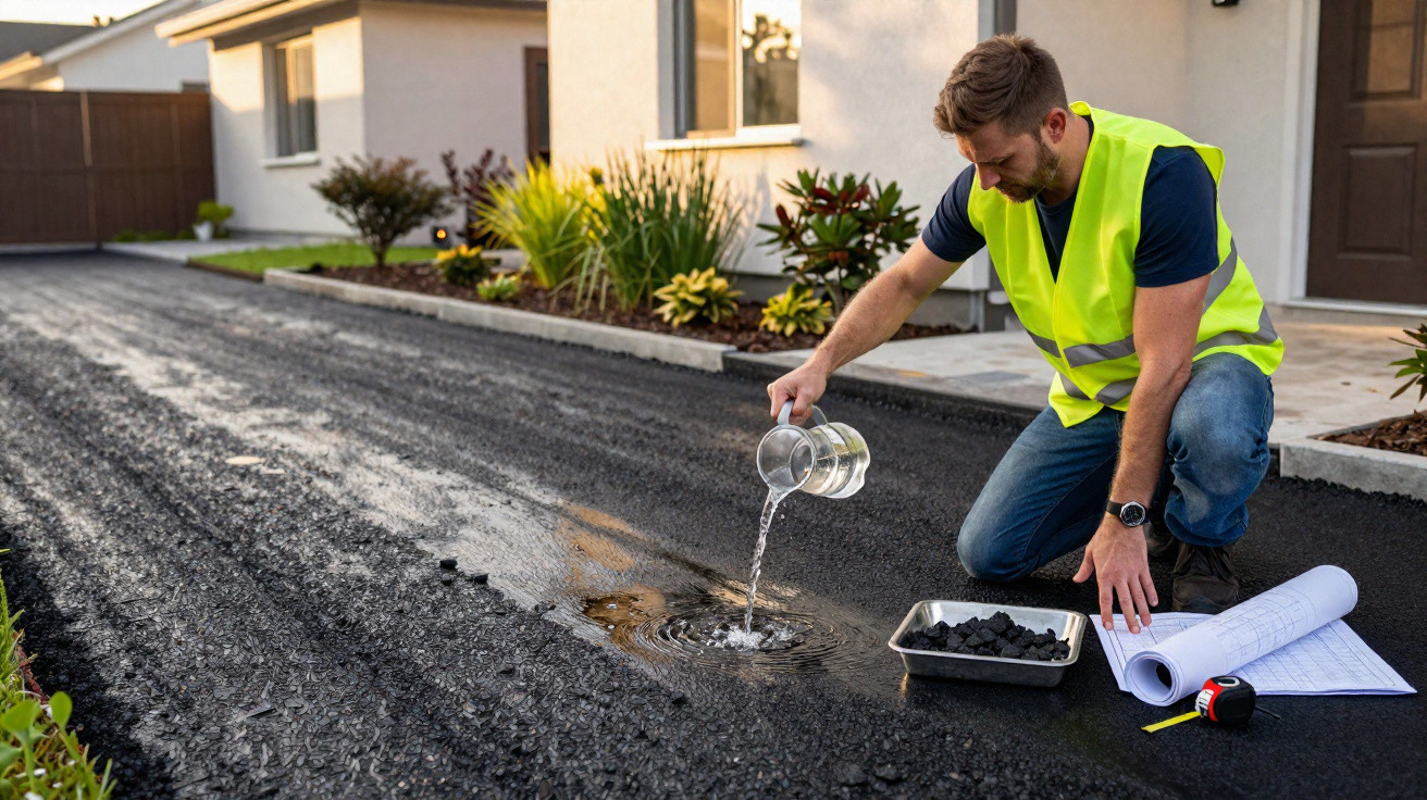 Man in high-visibility vest pouring water on freshly laid asphalt on a residential driveway with tools and plans nearby.