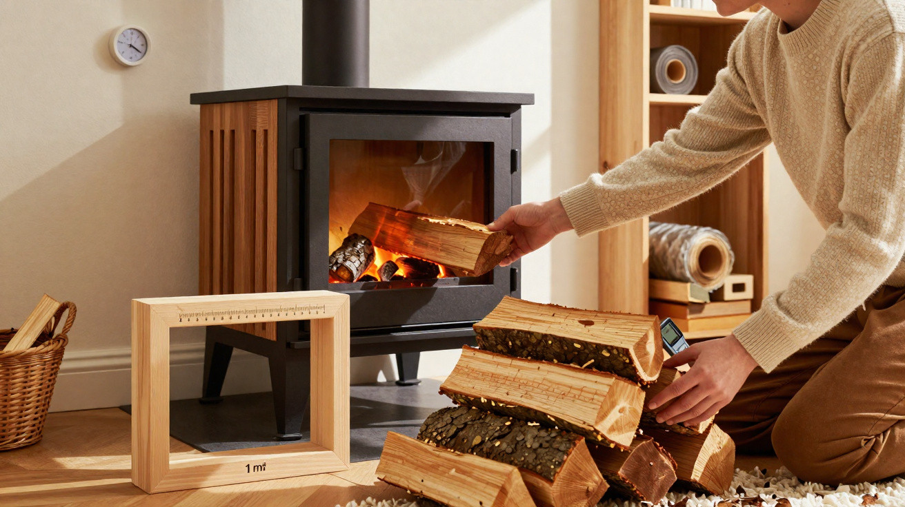 Person stacking firewood near a lit wood-burning stove in a cozy living room.