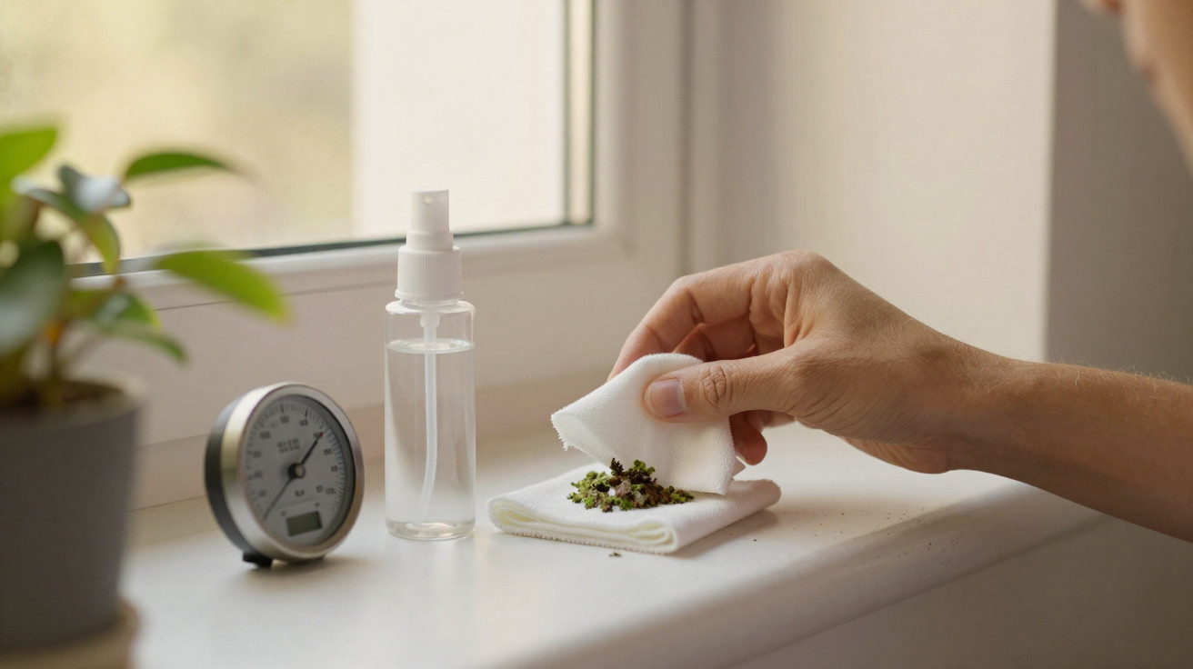 Hand holding cloth with mold on windowsill next to hygrometer and spray bottle by potted plant.