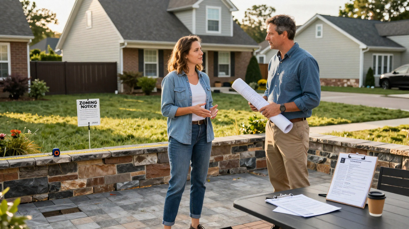 Man and woman discussing house plans outdoors near zoning notice sign in suburban neighbourhood.