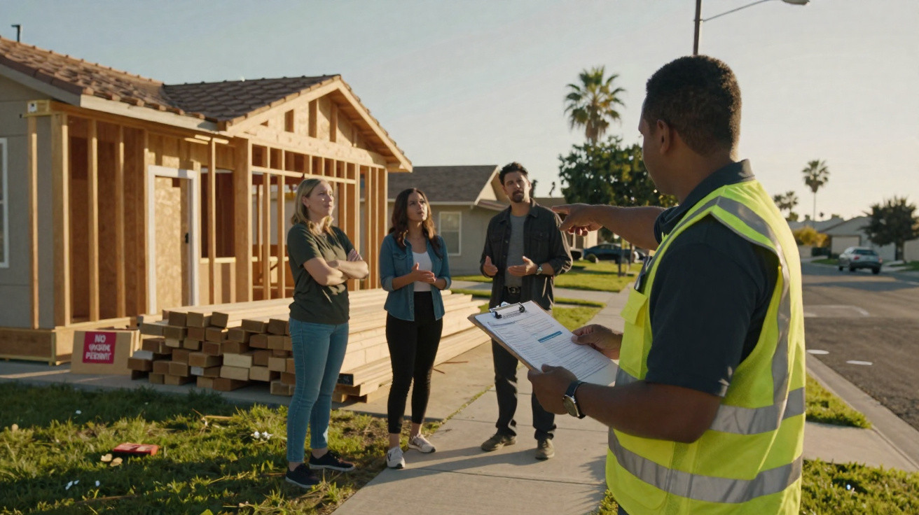 Construction worker in high-visibility vest discussing house plans with three people near a house under construction.