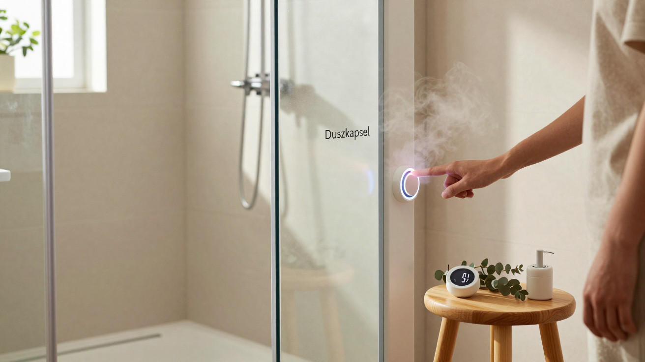 Person pressing a glowing button beside a steamed glass shower enclosure in a modern bathroom.