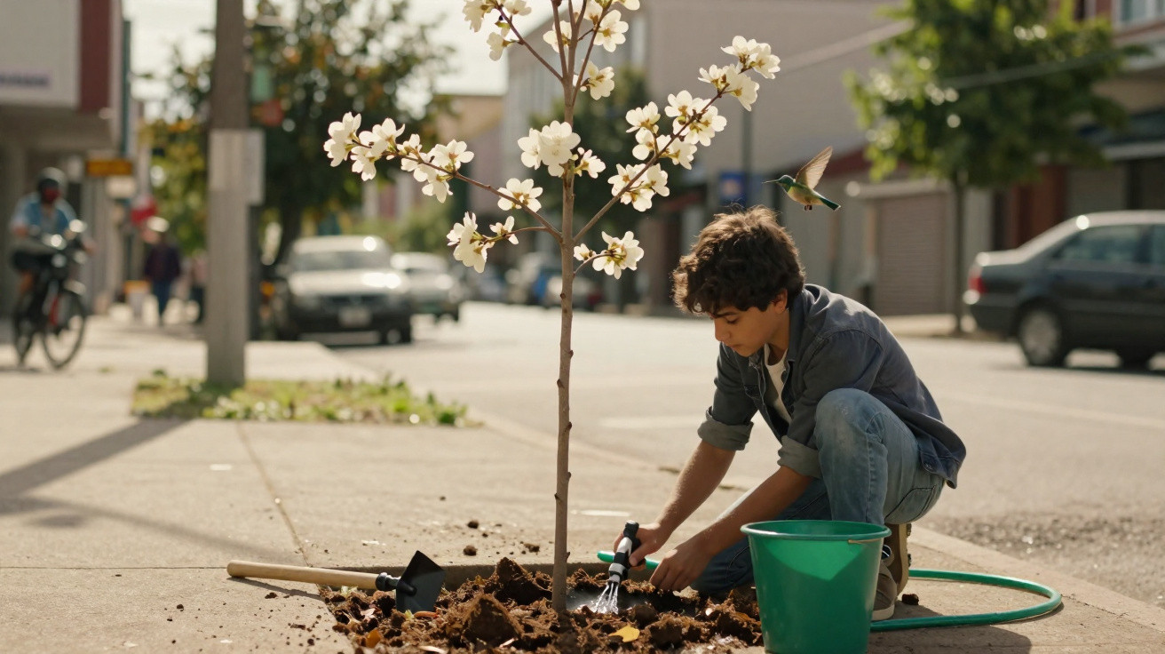 Boy gardening a young flowering tree on a city pavement with a green bucket and shovel nearby.