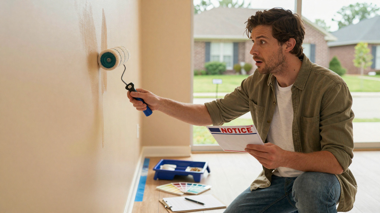 Man kneeling and painting a wall while looking at a notice paper inside a house with paint supplies nearby.