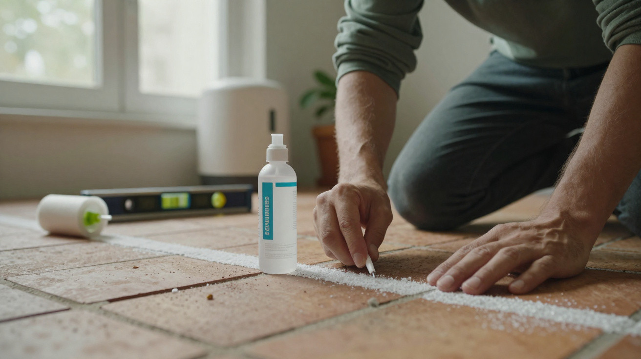 Person applying grout between terracotta floor tiles with a grout bottle and tools nearby.