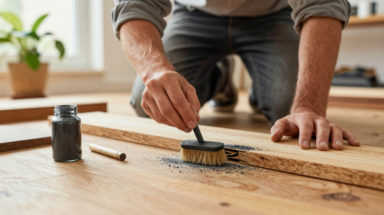 Person kneeling on wooden floor applying black wood stain with small brush onto wooden plank.