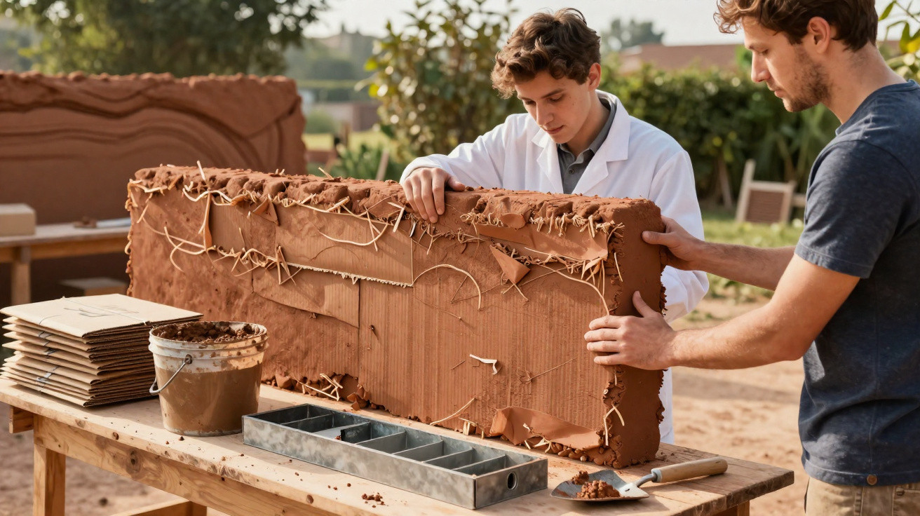 Two men working on a large clay and cardboard sculpture on a wooden table outdoors.