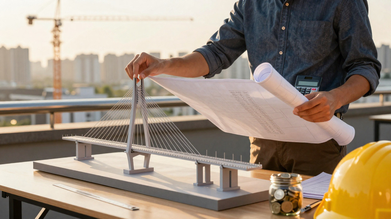Engineer examining a blueprint and a scale model of a cable-stayed bridge on a table outdoors.