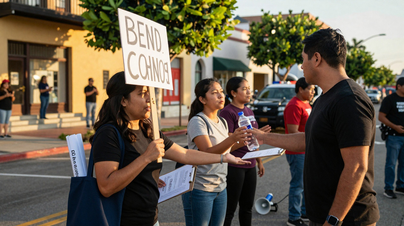 People participating in a street protest, one holding a sign that says "BEND CANOS" and handing out water.